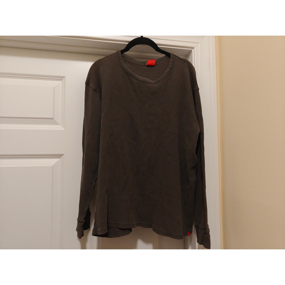 EMS Eastern Mountain Sports Mens XL Waffle Knit Thermal V-Neck Shirt Olive Brown